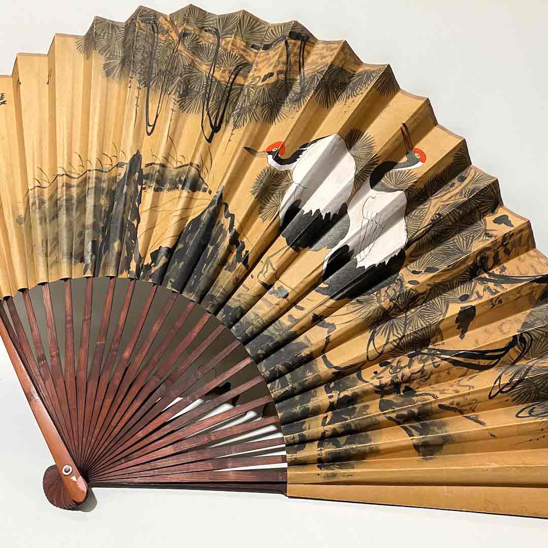 FAN, Asian Style - Large Gold w Ibis Bird Design 150cm